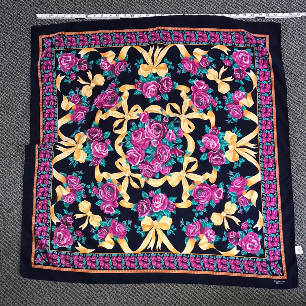 Floral Square Scarf in Navy, Pink & Gold